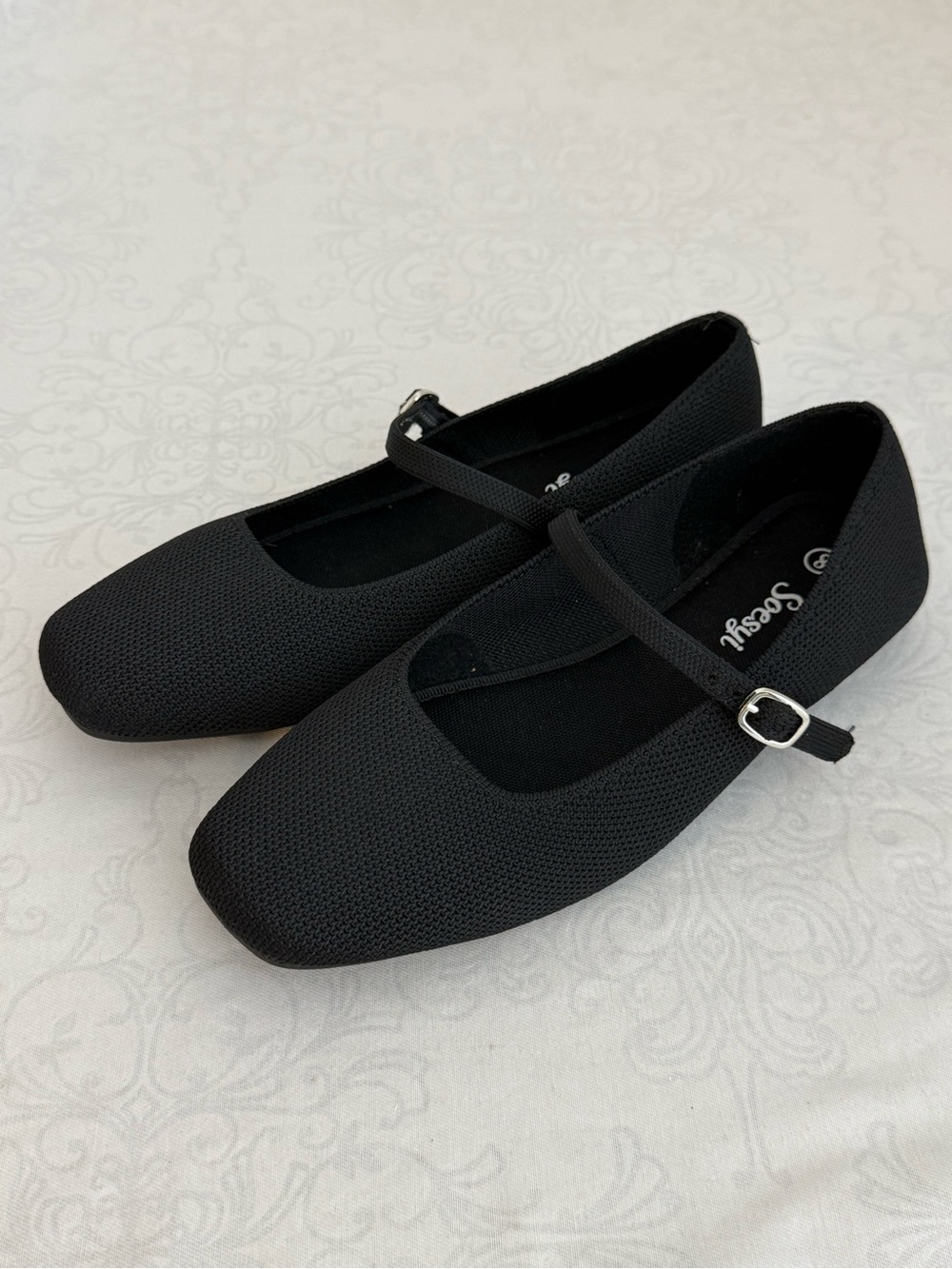 Soesyi Square Toe Black Mary Jane Knit Flats with Strap Size 8